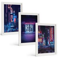 BILDER SET 3er Set - 40x60 cm Weißer Rahmen - Neon-Eingang zur nächtlichen Stadt - Weiß, Kunststoff (40/60cm) - TULUP