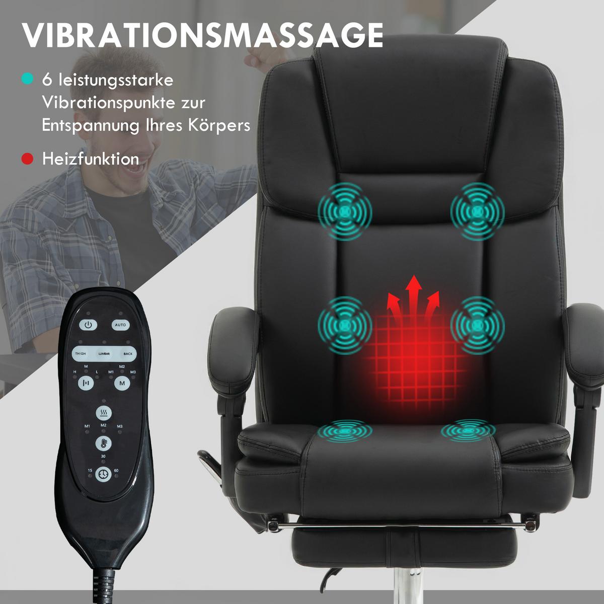 BÜROSTUHL mit Massagefunktion PC-Stuhl mit Heiz-, Liegefunktion Schwarz - Silberfarben/Schwarz, Kunststoff/Metall (67/126/66cm) - Vinsetto