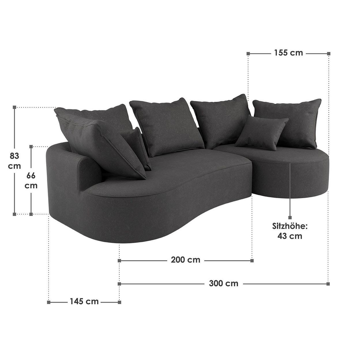 SOFA Tirano Samt Dunkelgrau mit Ottomane rechts - Dunkelgrau, Textil (300/102cm) - Juskys