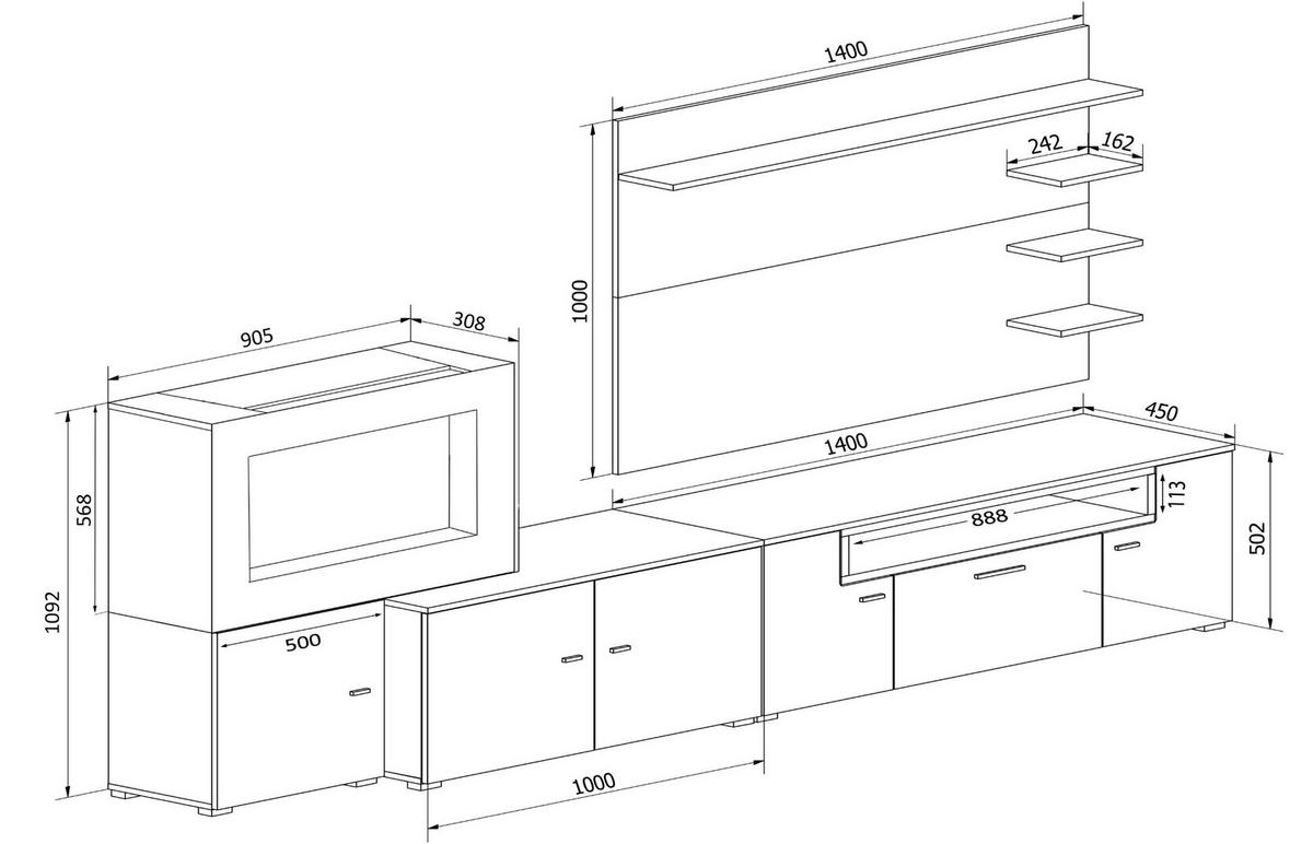 WOHNWAND mit Elektrokamin weiß, Hochweiß lackiert, 290/45/170cm - Weiß, Holzwerkstoff (290/170/45cm) - Skraut Home