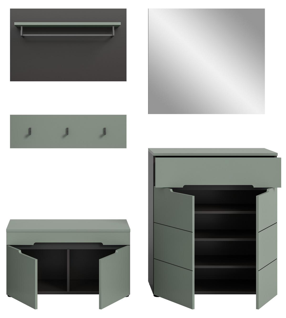 GARDEROBEN-SET Salbei grün, grau 175 cm, Flurmöbel mit Soft-Close - Salbeigrün/Schwarz, Glas/Holzwerkstoff (175/190/37cm) - Inn.Furn