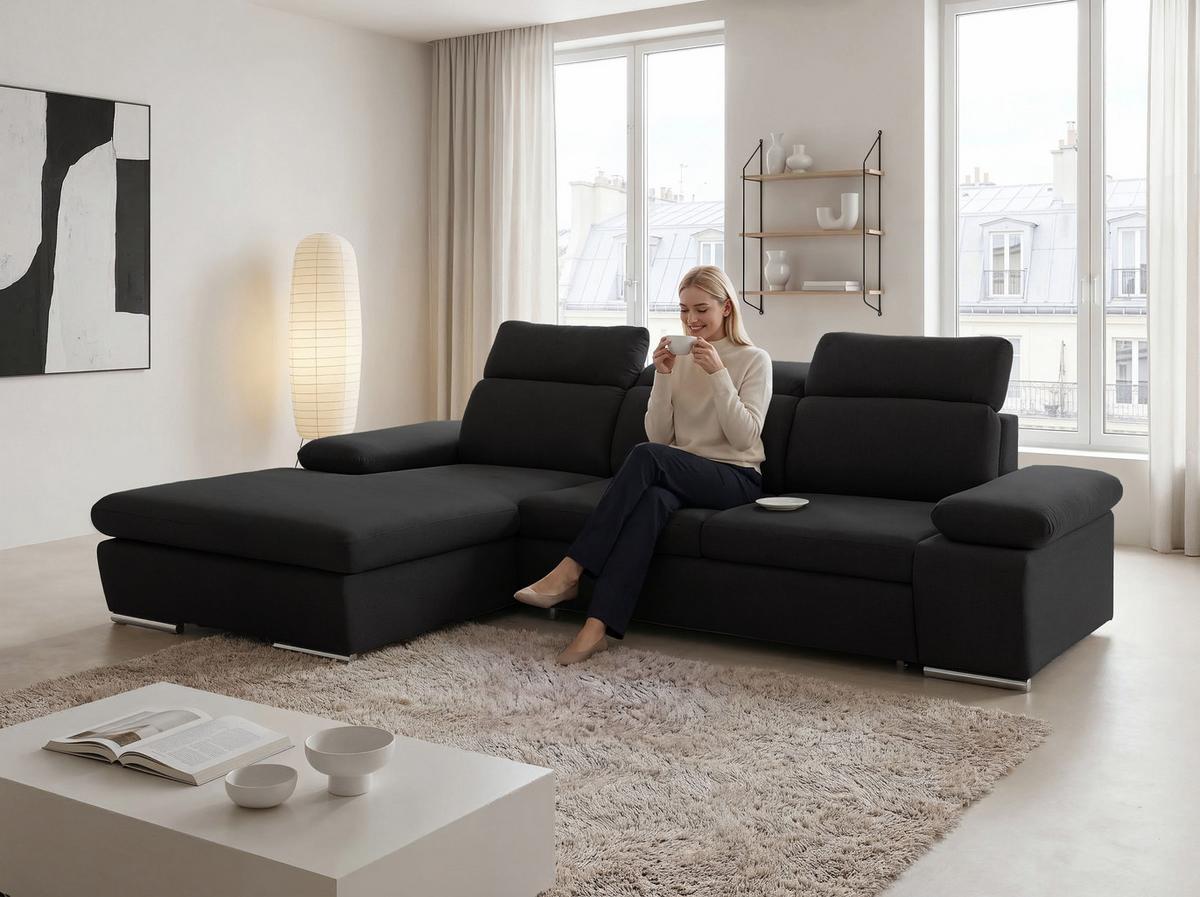 ECKSOFA PABLO mit Schlaffunktion und Bettkasten Schwarz - Schwarz, Holzwerkstoff/Kunststoff (250/90cm) - Idohome