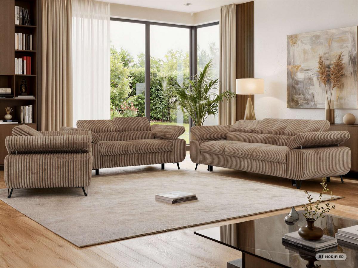 SITZGARNITUR PETER 1+2+3 mit Schlaffunktion - Braun Cord - Schwarz/Braun, Textil/Metall (262/76/99cm) - MKS