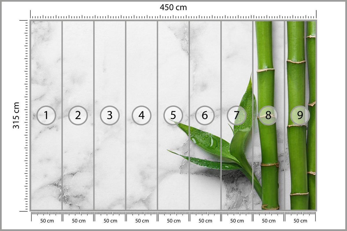 FOTOTAPETE für Küche Bambusblätter Grauer Marmor Exotisch Elegant 450x315 - Weiß/Grau, Papier (450/315cm) - Muralo