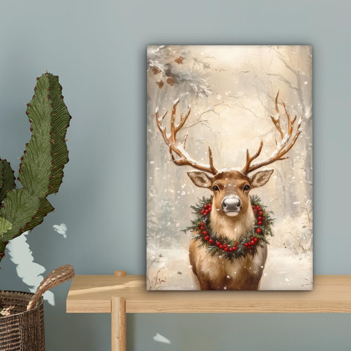 LEINWANDBILD Weihnachten - Rentier - Winter - Kranz Deko Wohnzimmer 20x30 cm - Naturfarben, Textil (20/30cm) - MuchoWow