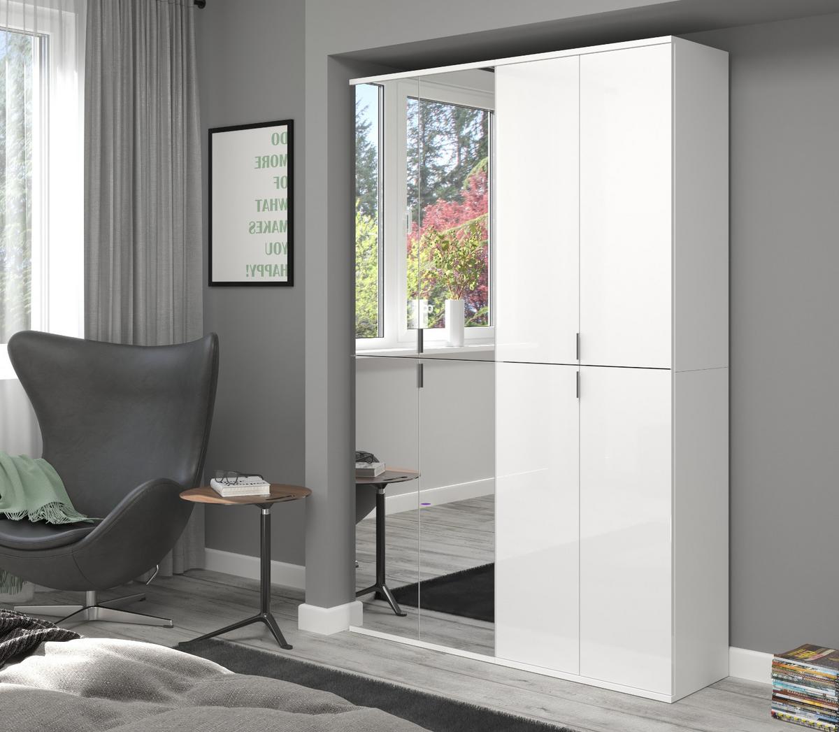 GARDEROBENSCHRANK weiß Hochglanz 122 cm, Schuhschrank mit Spiegel - Chromfarben/Weiß Hochglanz, Glas/Holzwerkstoff (122/193/34cm) - Inn.Furn
