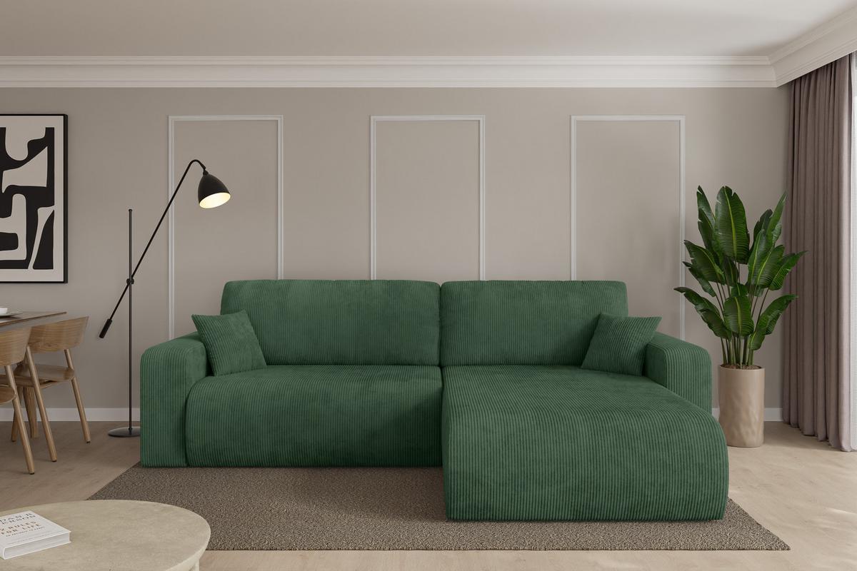 ECKSOFA mit Schlaffunktion Ottomane Rechts BERY-L 276x193x88 Grün Cord - Dunkelgrün/Schwarz, Holzwerkstoff/Kunststoff (276/193cm) - ALTDECOR