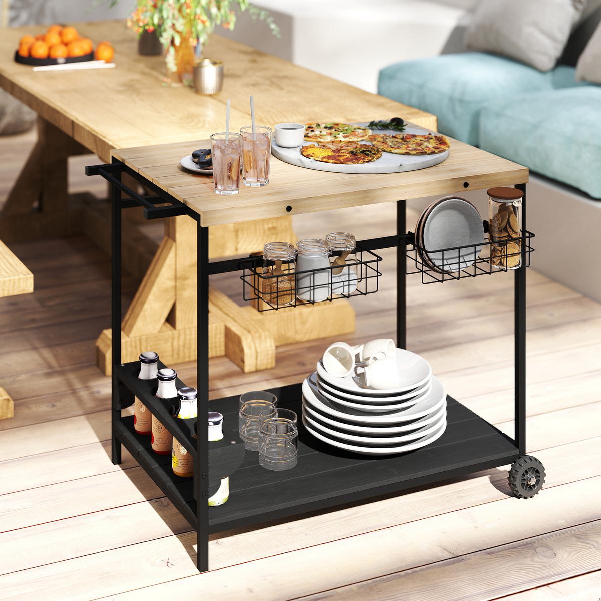 GARTENROLLWAGEN mit 2 Ebenen, mit Aufbewahrungskorb, mit Griff, Tanne, Natur - Fichtefarben, Holz (65/81/97.5cm) - Outsunny