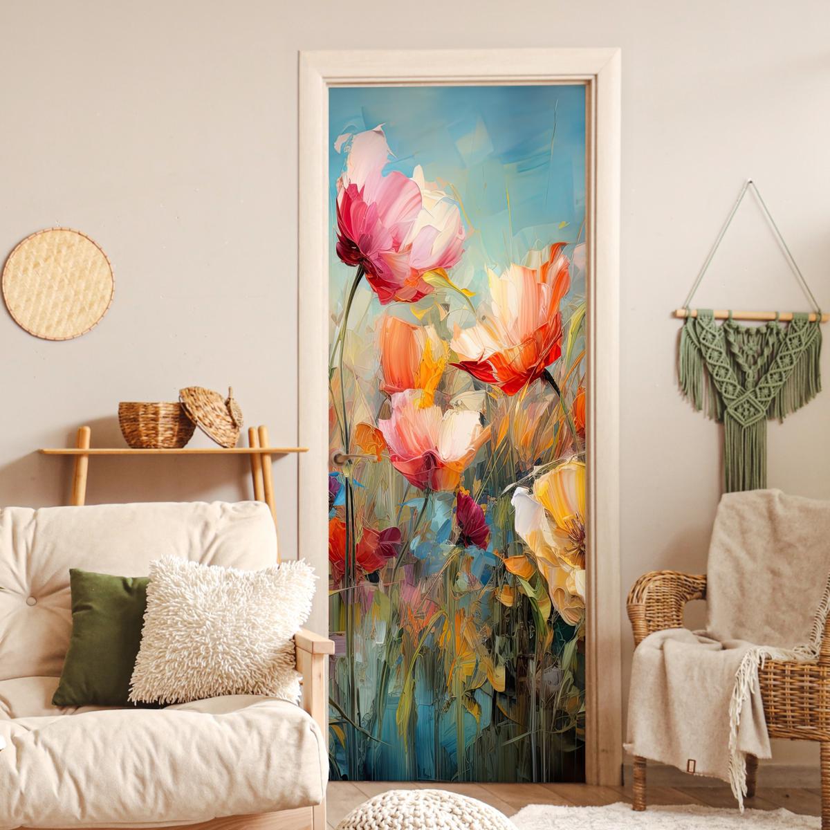 TÜRAUFKLEBER Selbstklebend - Blumen - Aquarell - Kunst - Botanisch - Natur 95x235 cm - Türtapete - Orange, Kunststoff (95/235cm) - MuchoWow