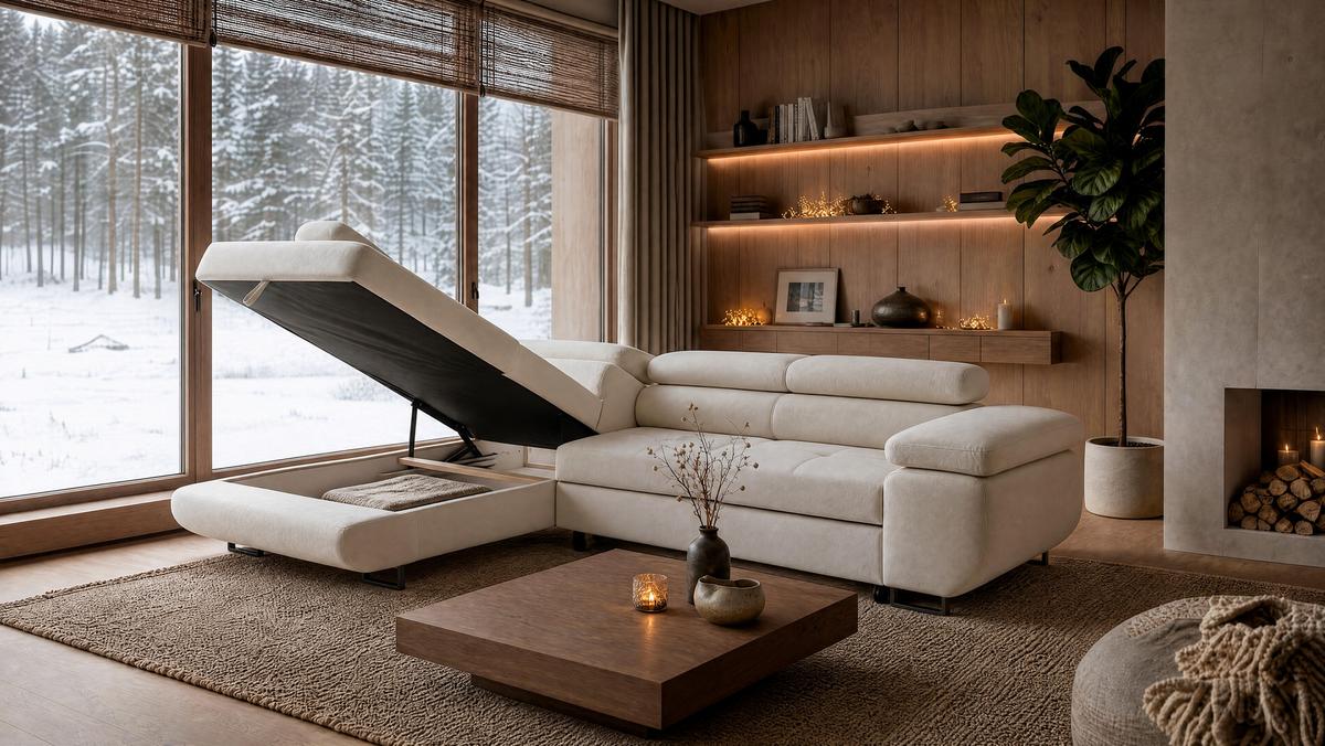 ECKSOFA Velmo mit Bettkasten und Schlaffunktion, verstellbaren Kopfstützen, in L-Form - Beige, Textil (275/203cm)