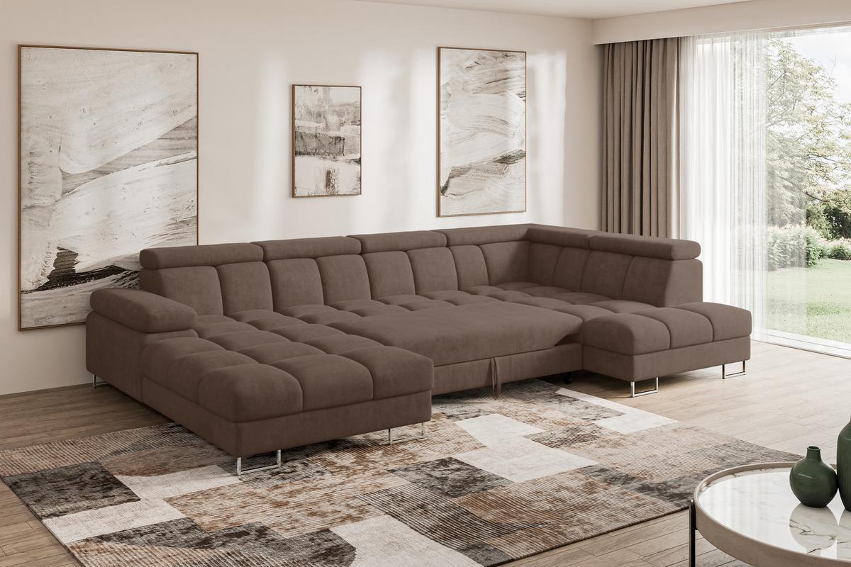 WOHNLANDSCHAFT mit Schlaffunktion und Bettkasten Ottomane RECHTS COMA U 345x203x79 Braun Velours - Braun, Holzwerkstoff/Textil (203/79/345cm) - ALTDECOR
