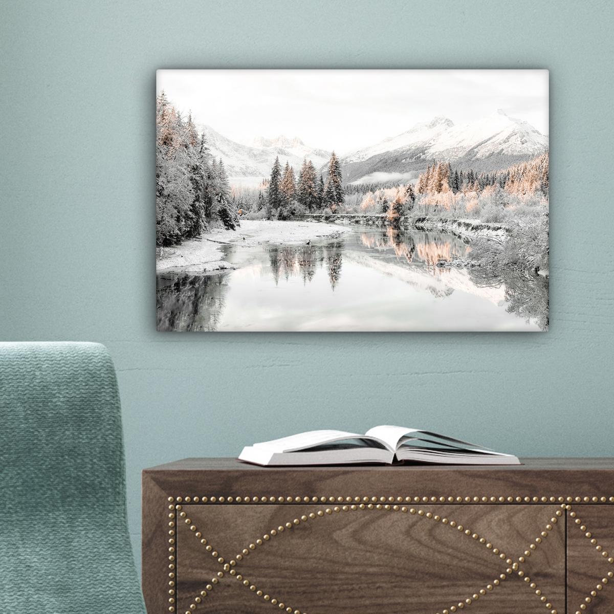 LEINWANDBILD Natur - Winter - Bäume - Berge - Schnee Deko Schlafzimmer 30x20 cm - Weiß Hochglanz, Textil (30/20cm) - MuchoWow
