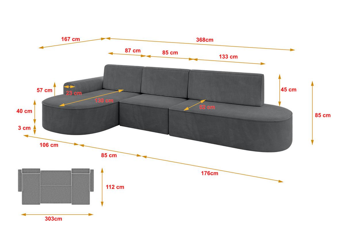 ECKSOFA mit Schlaffunktion Ottomane Links MARI L2-S 368X167X85 Dunkelgrau Cord - Graphitfarben/Schwarz, Holzwerkstoff/Kunststoff (368/167cm) - ALTDECOR