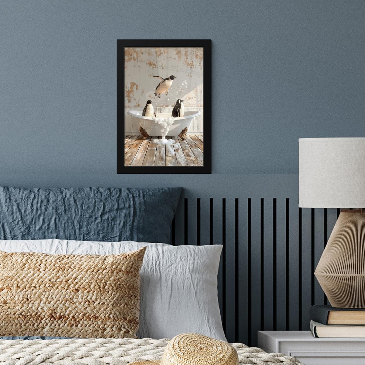 POSTER MIT RAHMEN Vintage - Pinguin - Badewanne - Schaumstoff Poster 20x30 cm - Schwarz, Papier (20/30cm) - MuchoWow