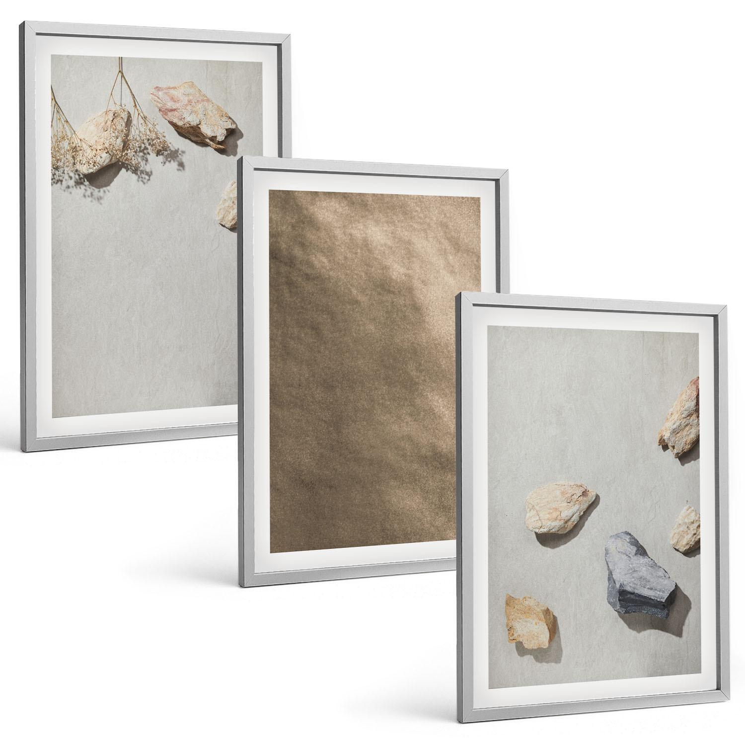 BILDER SET 3er Set - 40x60 cm Silberner Rahmen - Steine Strand natürliche Strukturen - Silberfarben, Kunststoff (40/60cm) - TULUP