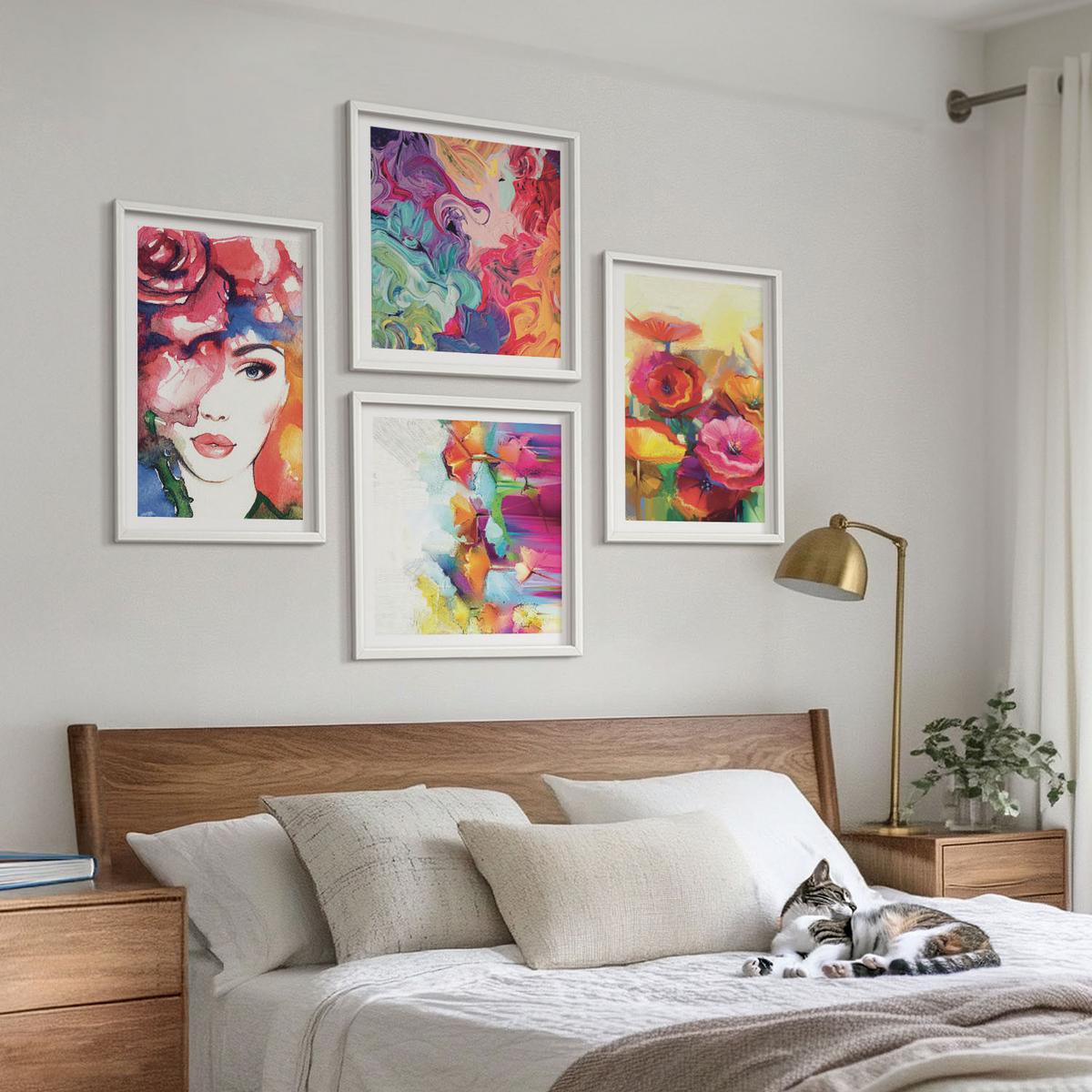 BILDER SET 4er Set - 50x50 cm & 40x60 cm Weißer Rahmen - Porträt von Blumen in intensiven Farben - Weiß, Kunststoff (50/50cm) - TULUP