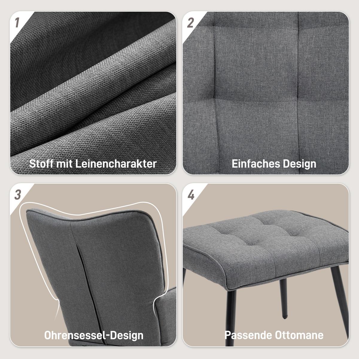 SCHAUKELSTUHL Schwingsessel mit Hocker Armlehnsessel Relaxsessel mit Leinenoptik - Dunkelgrau/Schwarz, Holz/Textil (89/90/64cm) - HOMCOM