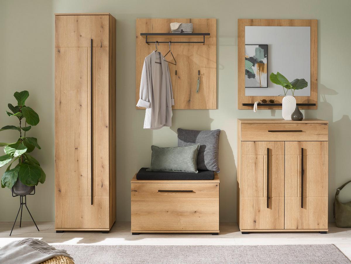 GARDEROBEN-SET Evoke Eiche 6-teilig 230 cm, Flurgarderobe mit Soft-Close - Dunkelgrau/Eichefarben, Glas/Holzwerkstoff (230/200/40cm) - Furn.Design