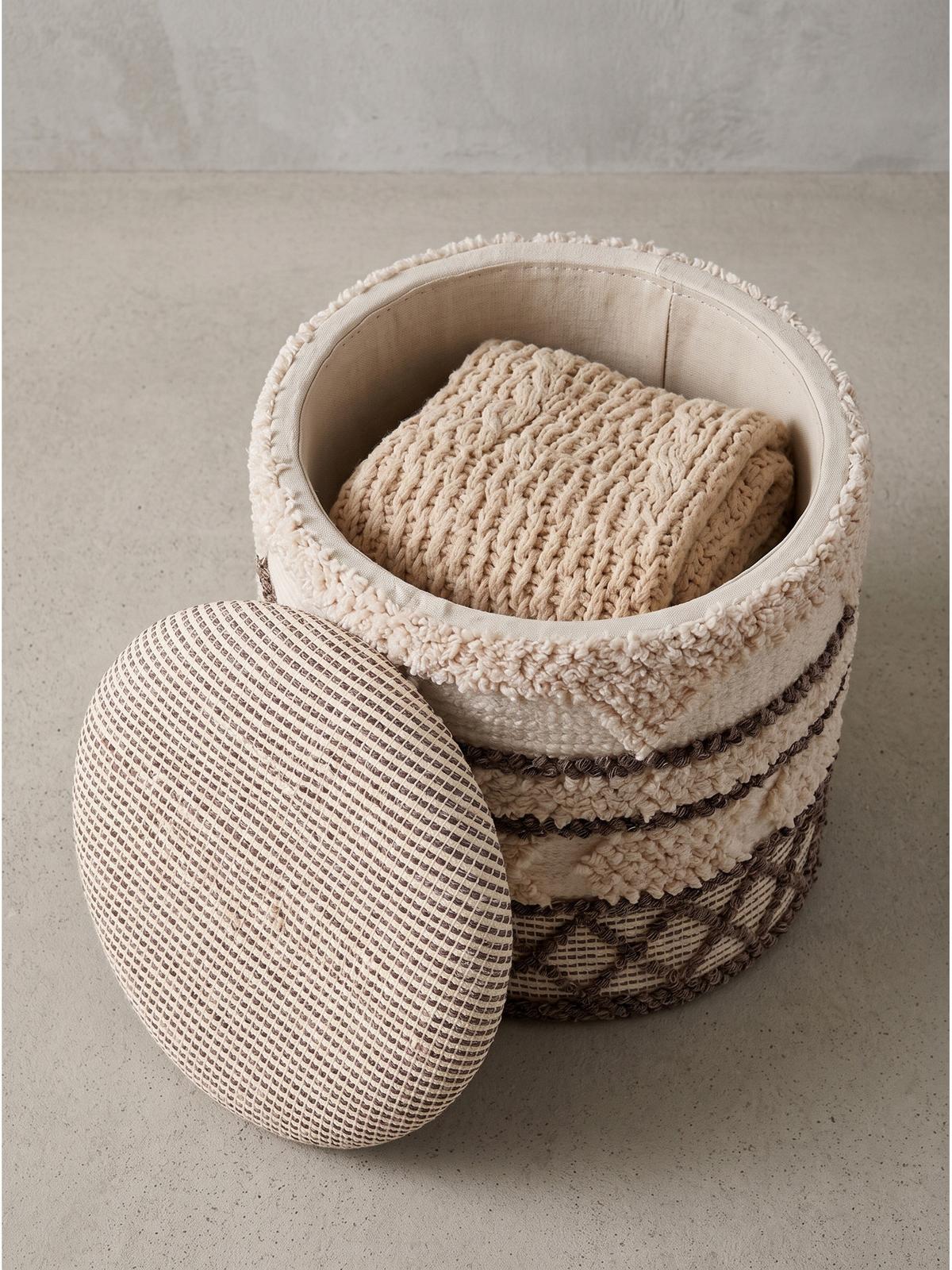 SITZHOCKER RHONE, Stoff, mit Textilbezug, mit Rauten, Beige-Braun, Ø 40 x 45 cm - Beige, Textil (40/45/40cm) - KADIMA DESIGN