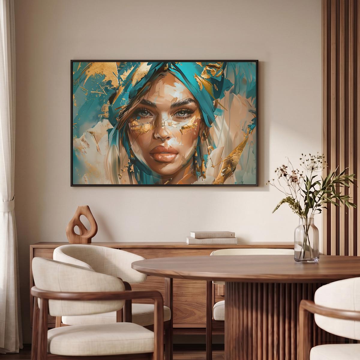 LEINWAND Bilder mit Rahmen - Frau - Porträt - Gold - Luxus - Blau - 90x60 - Türkis, Textil (90/60cm) - MuchoWow