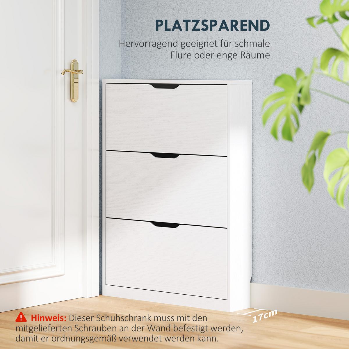 SCHUHSCHRANK mit 3 Klappen, Schuhregal, Schuhkipper Schmal für 9-12 Paar Weiß - Weiß, Holzwerkstoff (17/108/80cm) - HOMCOM