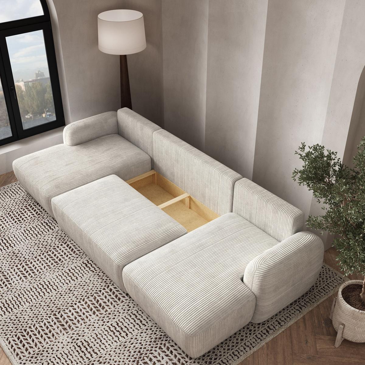 WOHNLANDSCHAFT SAVONA P Creme Kordstoff mit Schlaffunktion - Creme/Schwarz, Holz/Kunststoff (320/90/148cm) - MASSENO