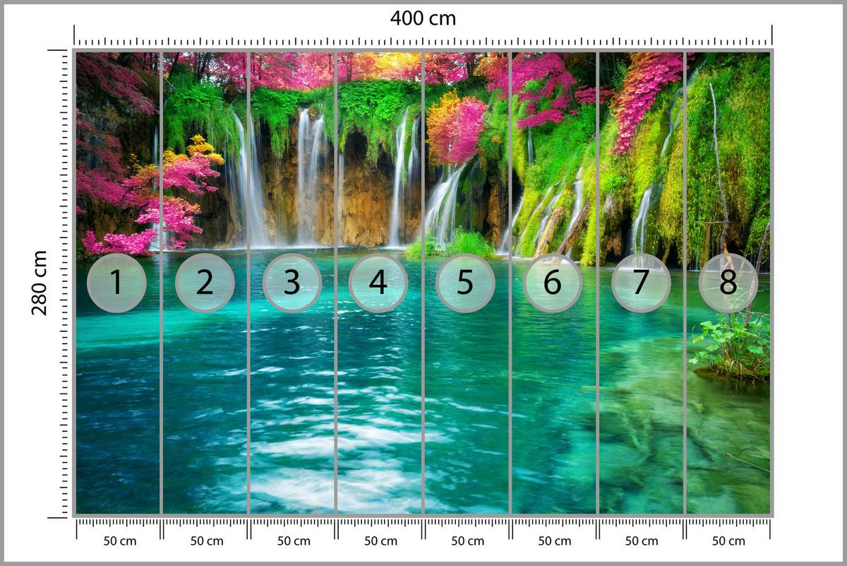 FOTOTAPETE für Küche Exotischer Wasserfall Bäume Pflanzen Tropisch 400x280 - Türkis/Violett, Papier (400/280cm) - Muralo