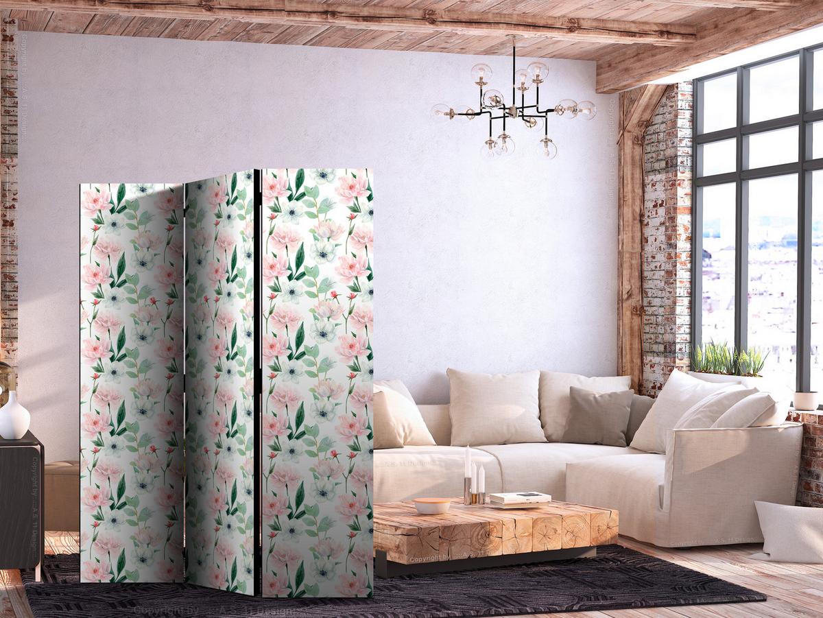 PARAVENT Akustik 3-tlg 135x172 cm Pfingstrosen Blumenmuster - Multicolor, Holz/Textil (135/172/3cm) - Muralo