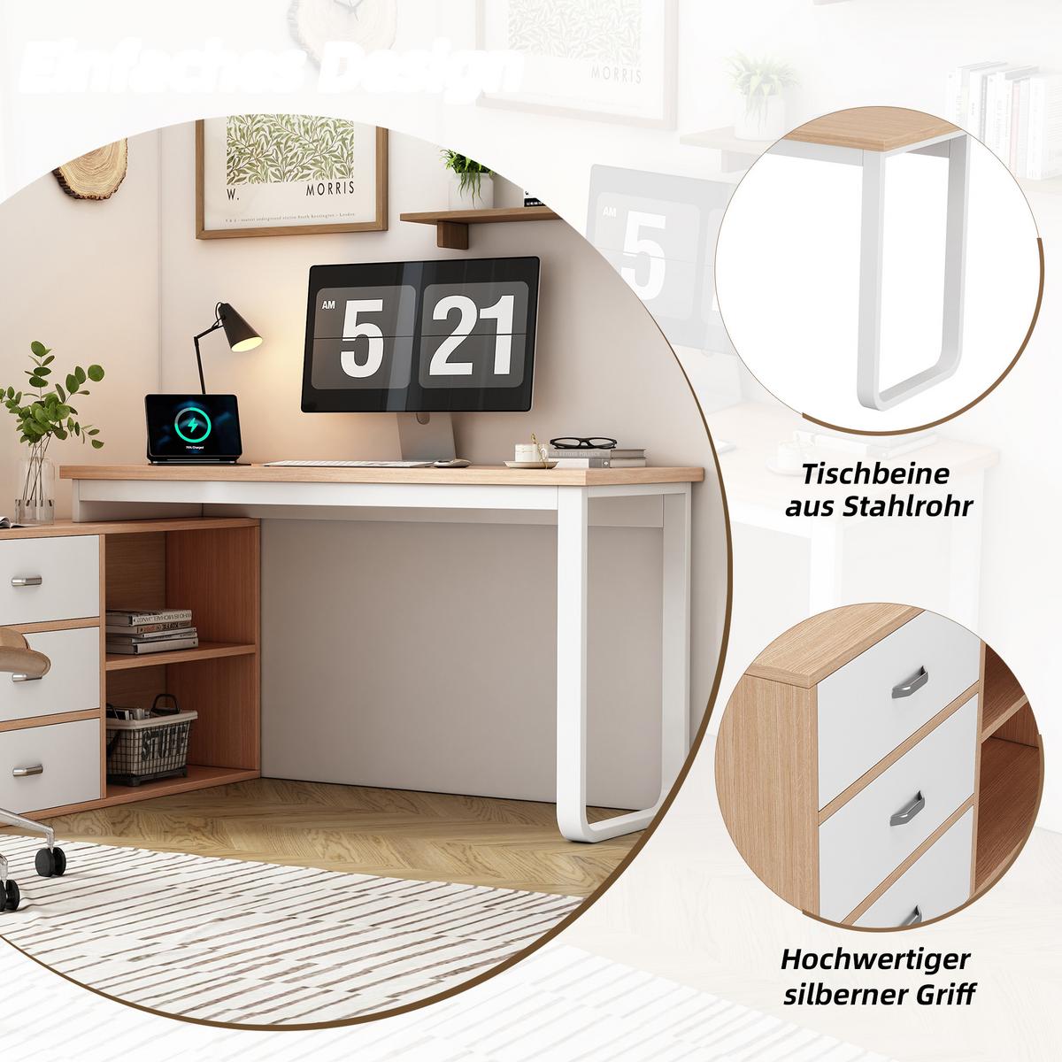 BÜROSCHREIBTISCH in natur & weiß mit stahlgestell, 3 schubladen & 2 offenen fächern - Naturfarben, Holzwerkstoff (100/147/75.3cm) - Urban Meuble
