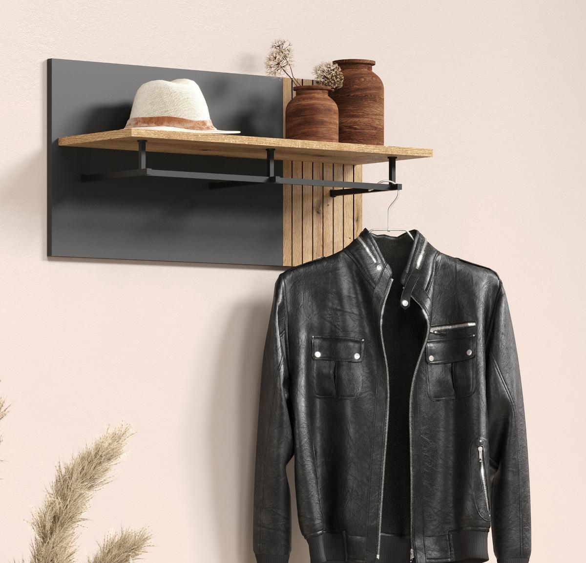 GARDEROBENPANEEL grau, Evoke Eiche 80 x 40 cm, Wandgarderobe mit Kleiderstange - Anthrazit/Grau, Holzwerkstoff (80/40/28cm) - Top.Furn