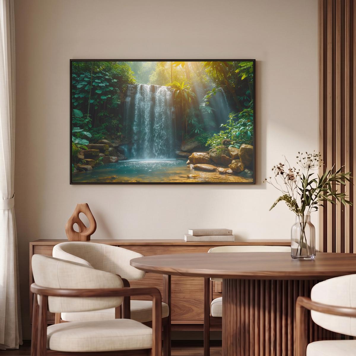 LEINWAND Bilder mit Rahmen - Wasserfall - Dschungel - Sonne - Grün - Natur - 90x60 - Grün, Textil (90/60cm) - MuchoWow