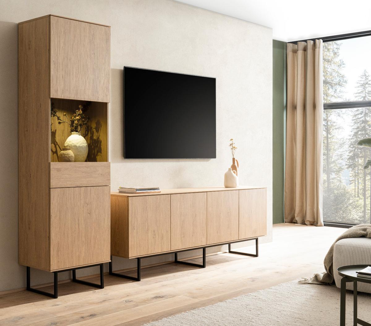 WOHNWAND Stone Eiche, Wohnzimmer Set mit TV Lowboard 200 cm und Vitrinenschrank, Push-Open-Funktion - Eichefarben/Schwarz, Holzwerkstoff/Metall (270/200/40cm) - Furn.Design