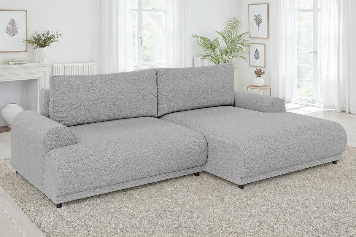 ECKSOFA mit Schlaffunktion, Bettkasten, extrabreite Ottomane rechts, abgerundete Armlehnen, B240/T145/H81 cm, Bezug Bouclé-Charakter Grau / 21029 - Schwarz/Grau, Kunststoff/Textil (240/145cm) - luma-home