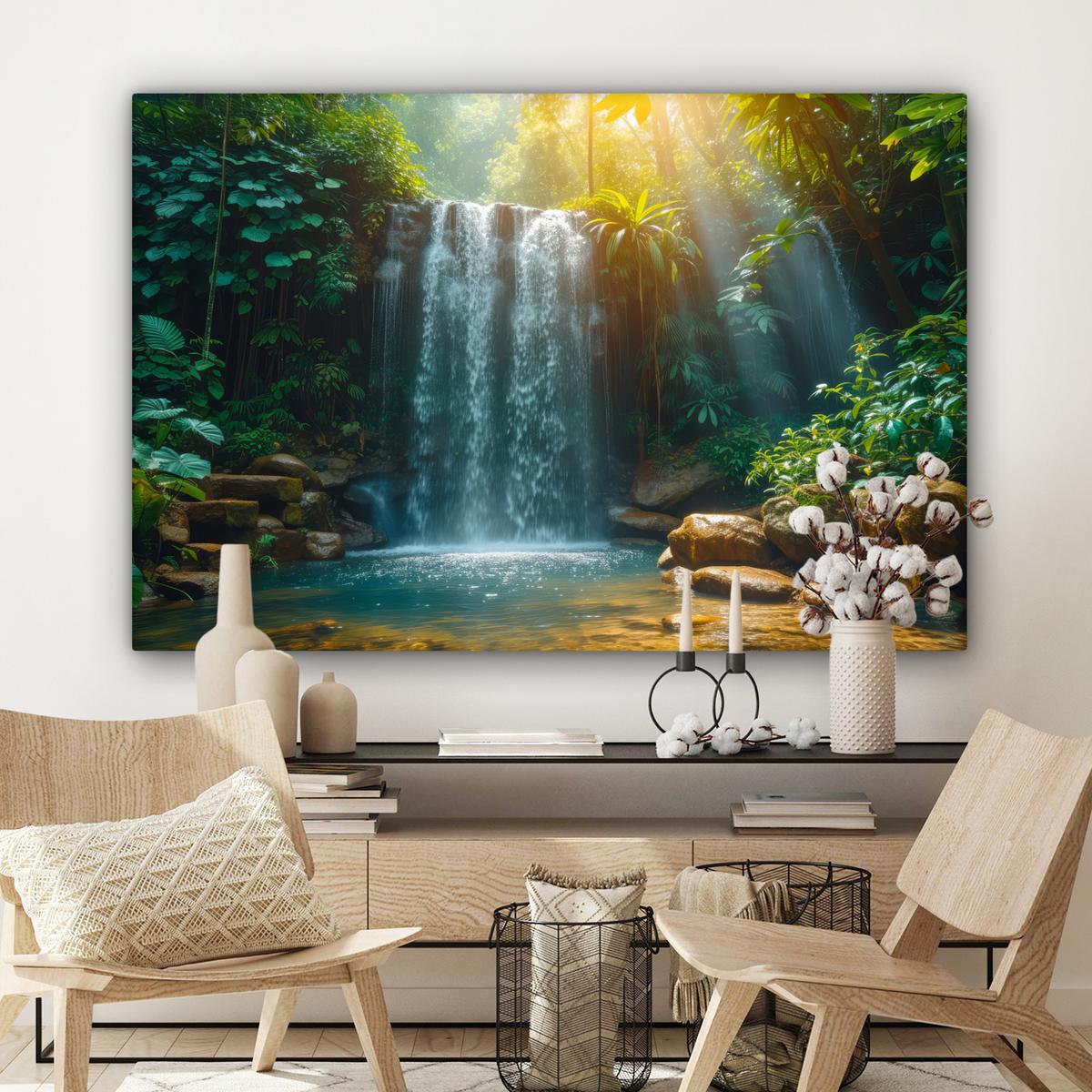 LEINWANDBILD Wasserfall - Dschungel - Sonne - Grün - Natur Groß 140x90 cm - Grün, Textil (140/90cm) - MuchoWow