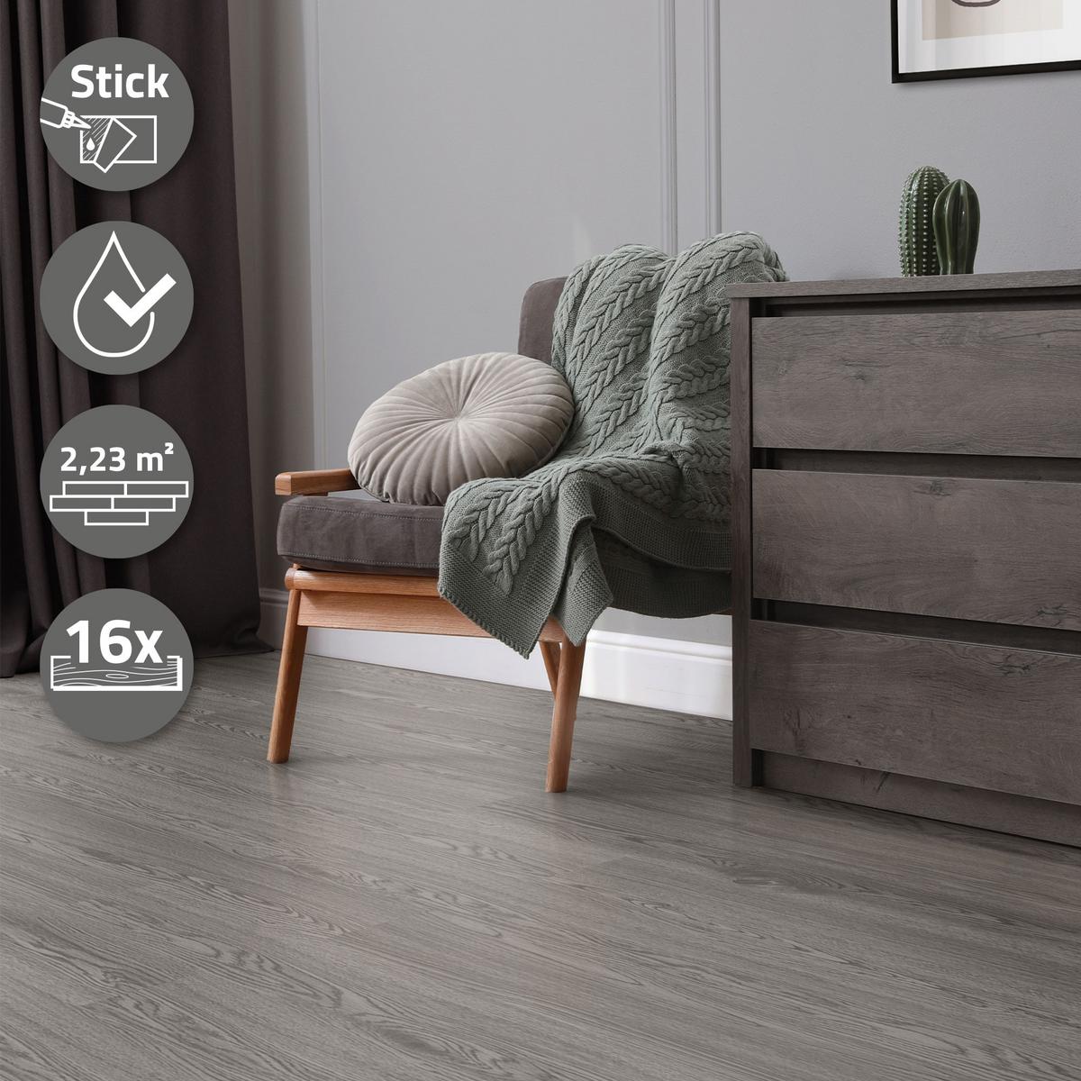 VINYLBODEN selbstklebend 2,23m²/16 Dielen Eiche Grau - Grau, Kunststoff (91.5/15.3/0.2cm) - ML-DESIGN