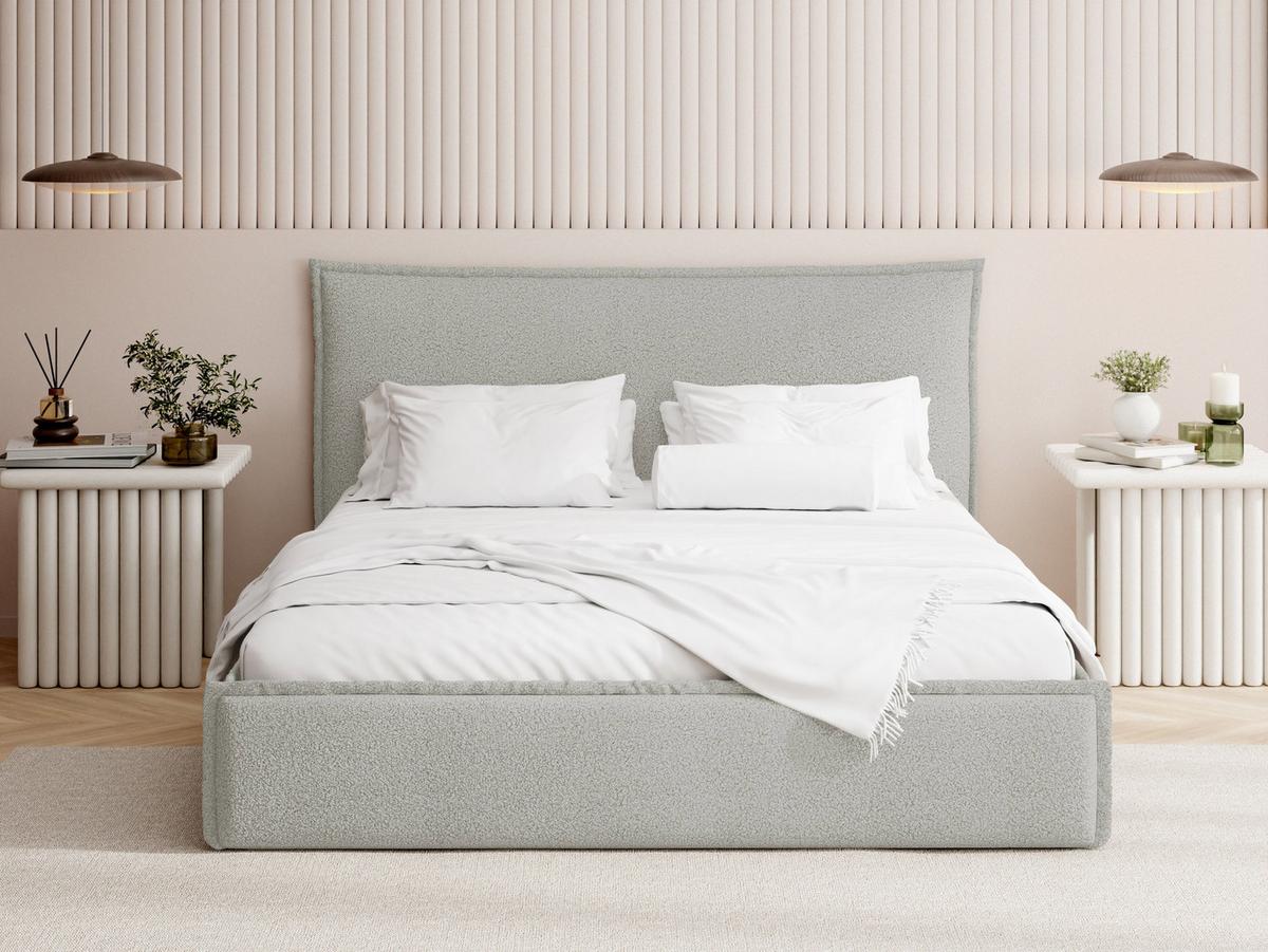 POLSTERBETT Pillow mit Bettkasten, Metall-Lattenrost und hohem Kopfteil - Hellgrau Bouclé 120x200 cm - Birkefarben/Hellgrau, Holz/Kunststoff (120/200cm) - WFL GROUP
