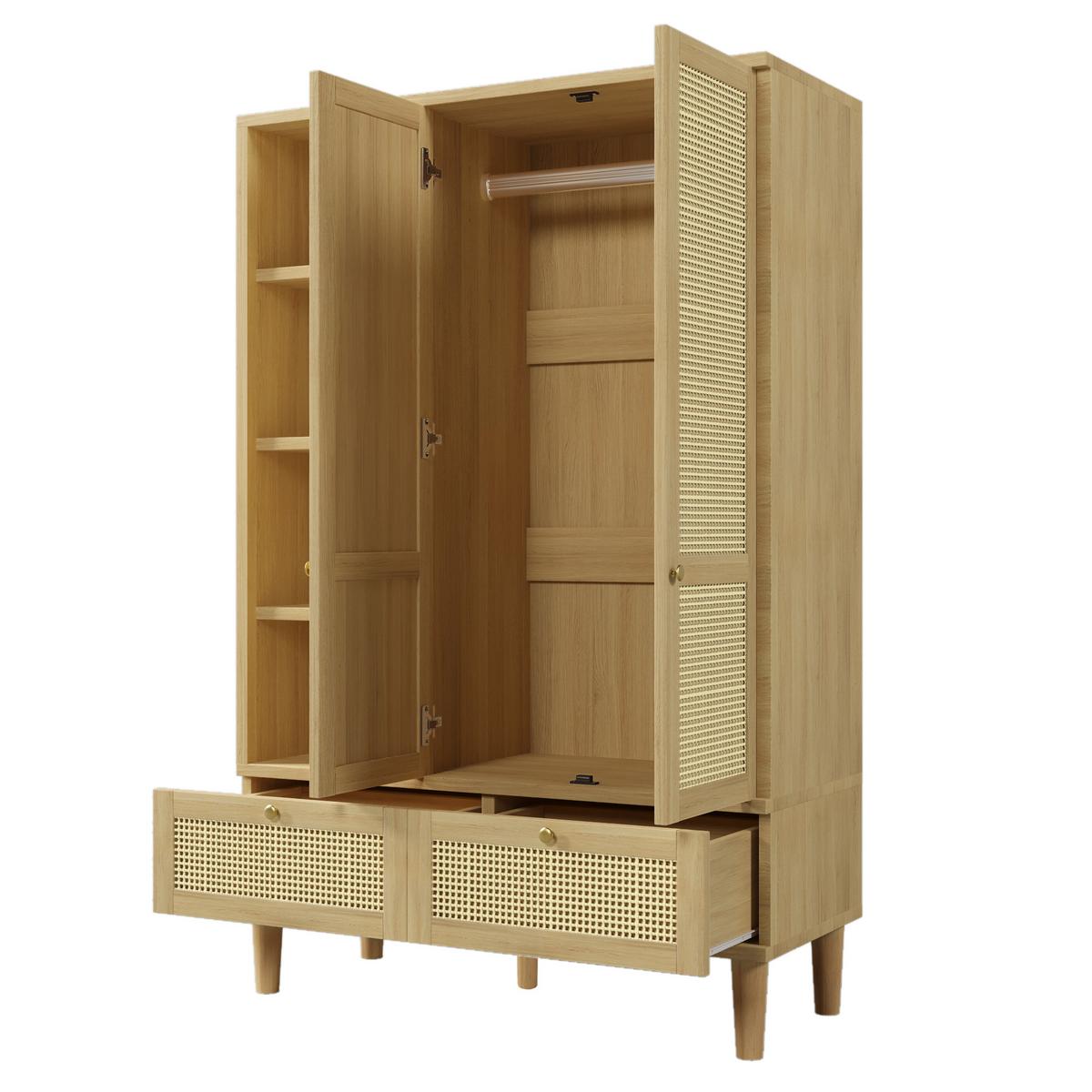 KLEIDERSCHRANK in eichenoptik mit rattan, offene regale, 2 schubladen und kleiderstange - Eichefarben, Holz (120/180/50cm) - Urban Meuble