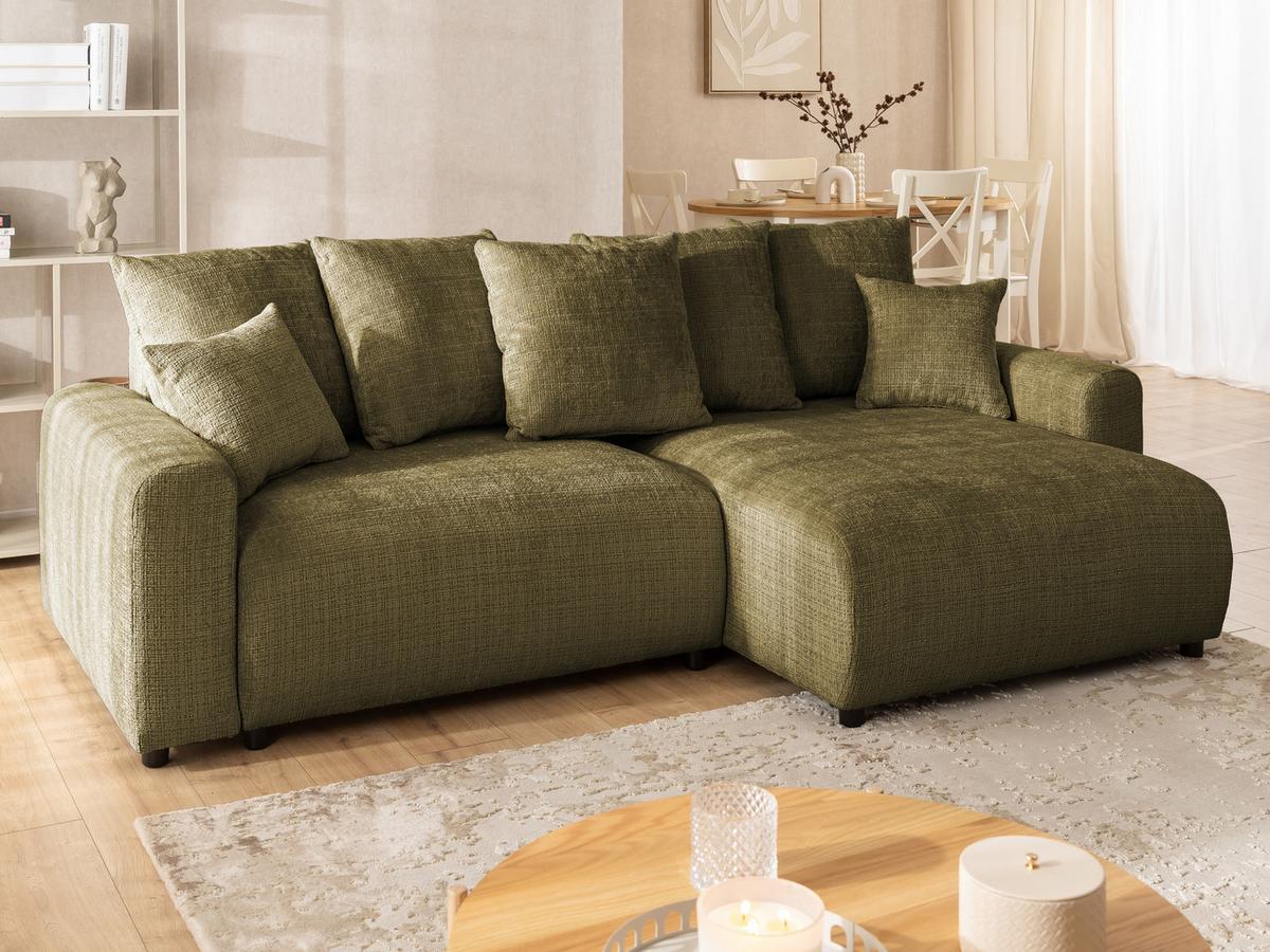 ECKSOFA Calma mit Schlaffunktion und Bettkasten im Bumpy-Design aus weichem Grün Chenille-Stoff - Ottomane rechts - Beige/Schwarz, Holz/Kunststoff (239/140cm) - S-Style Möbel