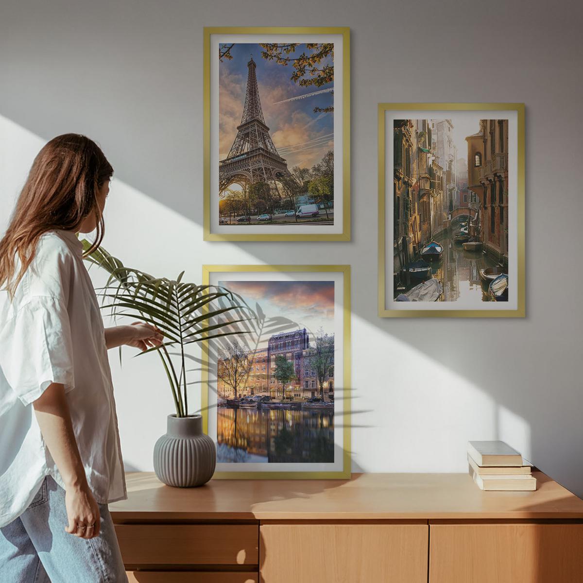 BILDER SET 3er Set - 40x60 cm Goldrahmen - Eiffelturm Venedig Amsterdamer Kanäle - Goldfarben, Kunststoff (40/60cm) - TULUP