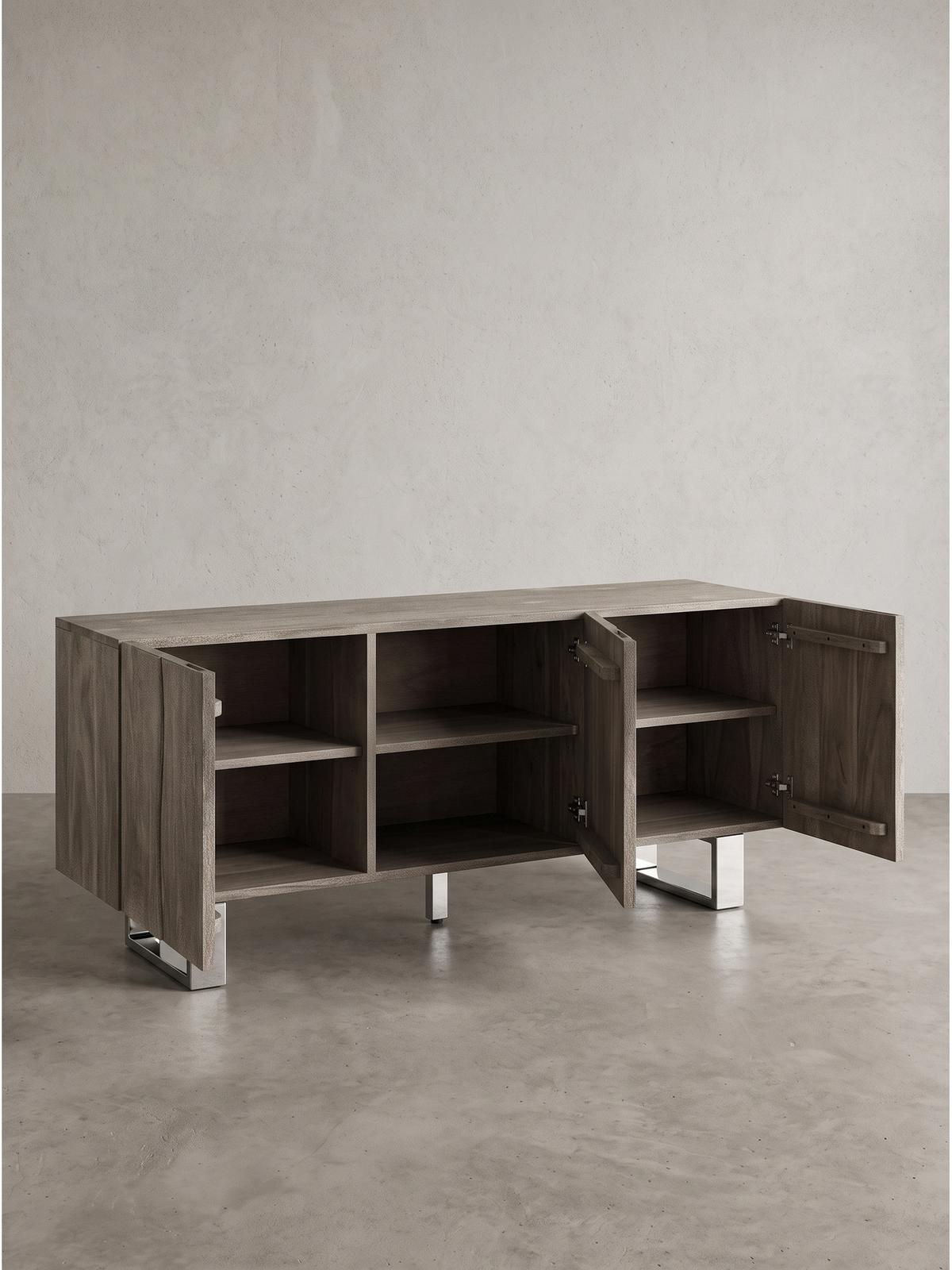 LOWBOARD GRIPSHOLM, Akazie Massivholz, handgefertigt, Akazie-Grau, 160 x 46 x 56 cm - Chromfarben/Grau, Holz/Metall (160/56/46cm) - KADIMA DESIGN