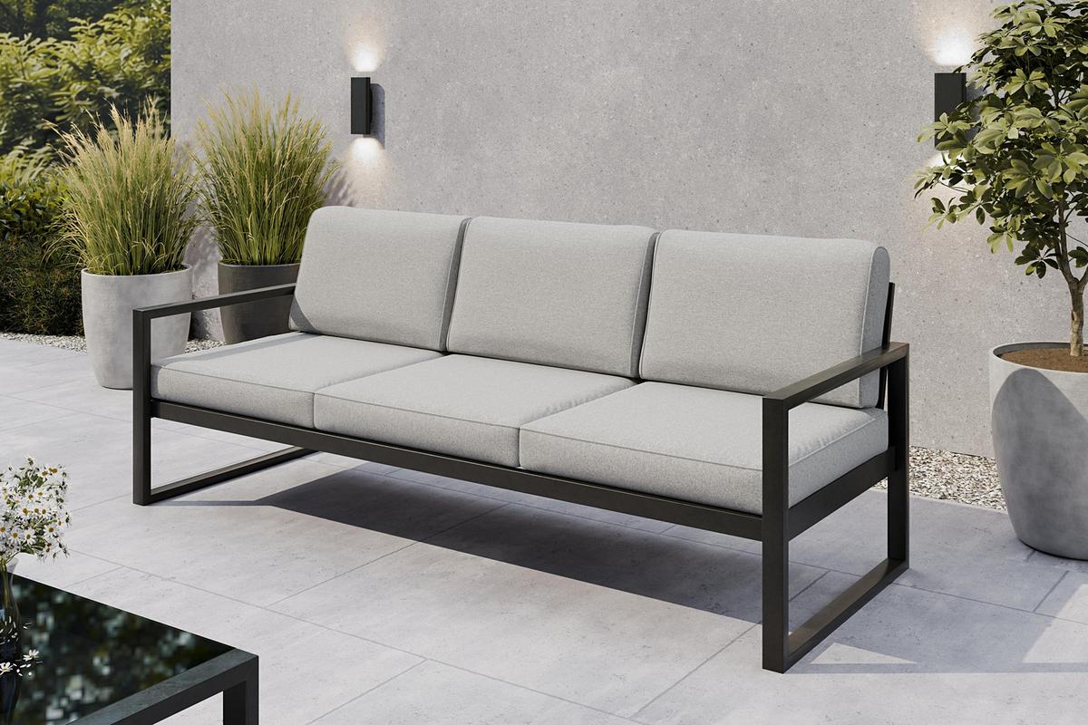 GARTENBANK Bellano Outdoor 3-Sitzer Polster-Loungebank, Stahlgestell Schwarz, Hellgrau 76/216/80 cm - Grau, Textil (216/86/80cm) - WFL GROUP