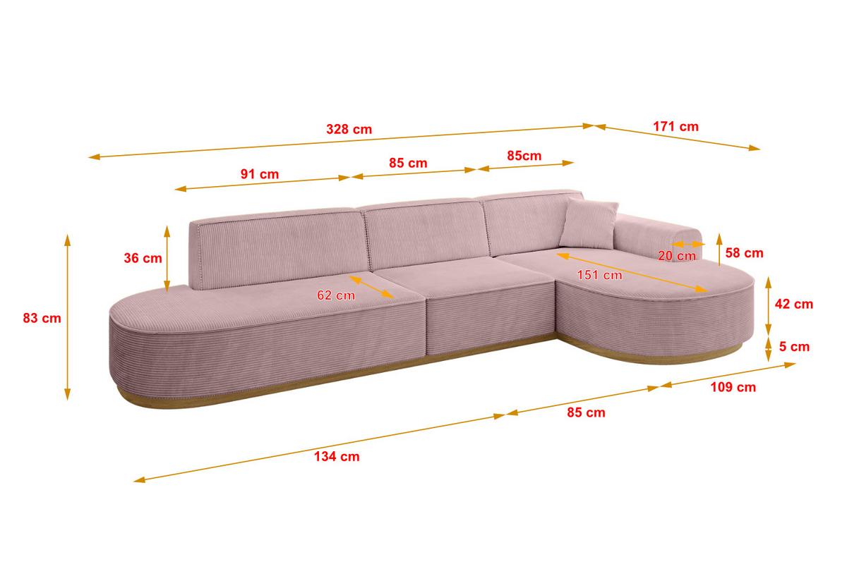 ECKSOFA Ottomane Rechts MARI-L2-v2 - 328x171x83 cm Rosa Cord - Rosa, Holzwerkstoff/Textil (171/328cm) - ALTDECOR