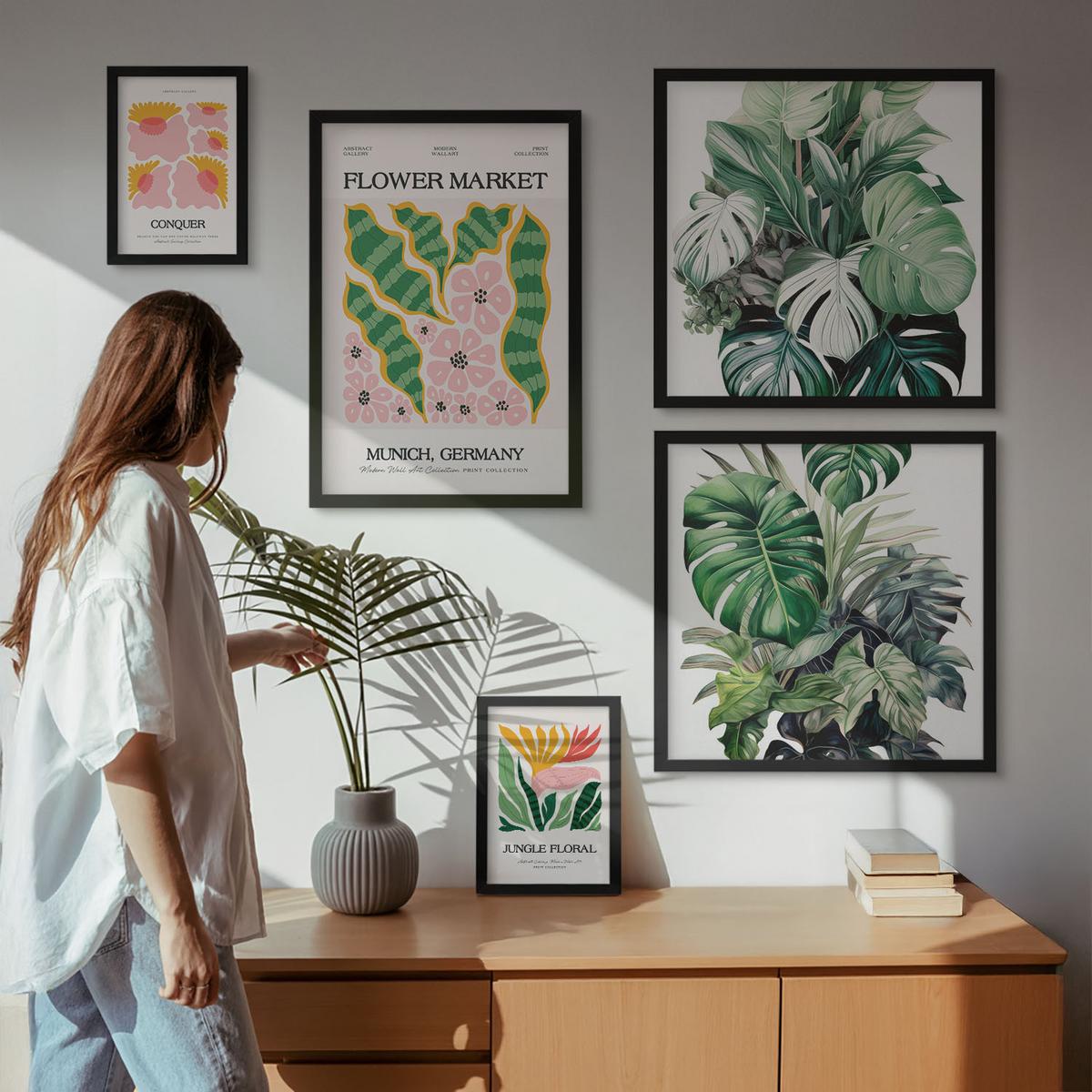 BILDER SET 5er Set - 50x50 cm & 20x30 cm & 40x60 cm Schwarzer Rahmen - Blumen und Blätter – moderne Poster - Schwarz, Kunststoff (40/60cm) - TULUP