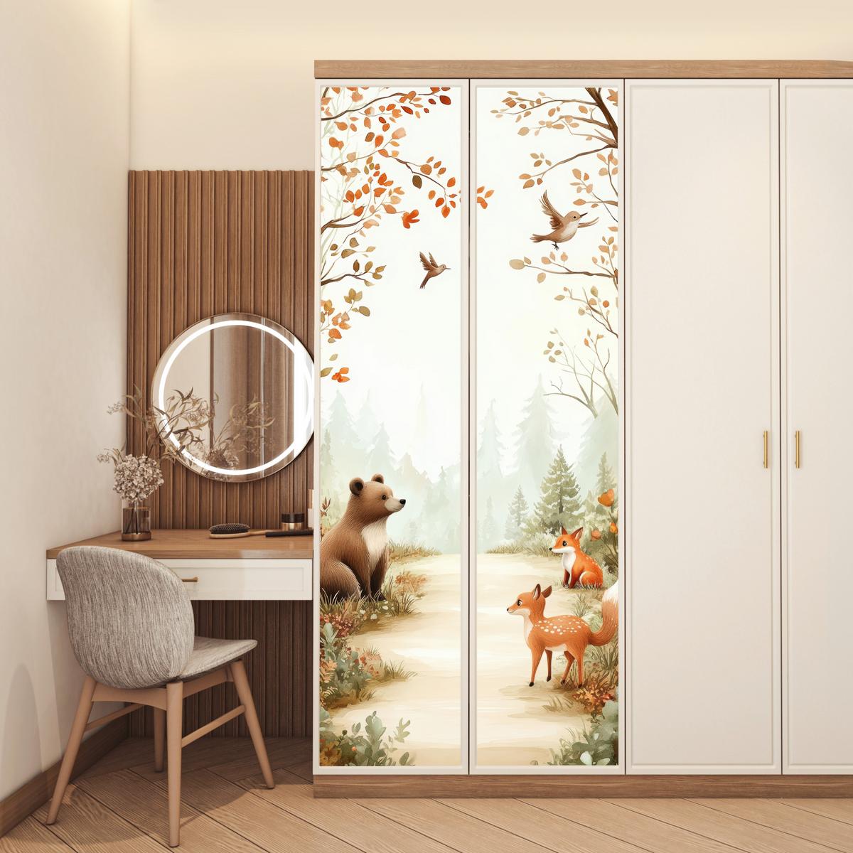 TÜRAUFKLEBER Wald - Herbst - Waldtiere - Bär - Fuchs 90x235 cm - Türtapete - Kastanienfarben, Kunststoff (90/0.1cm) - MuchoWow