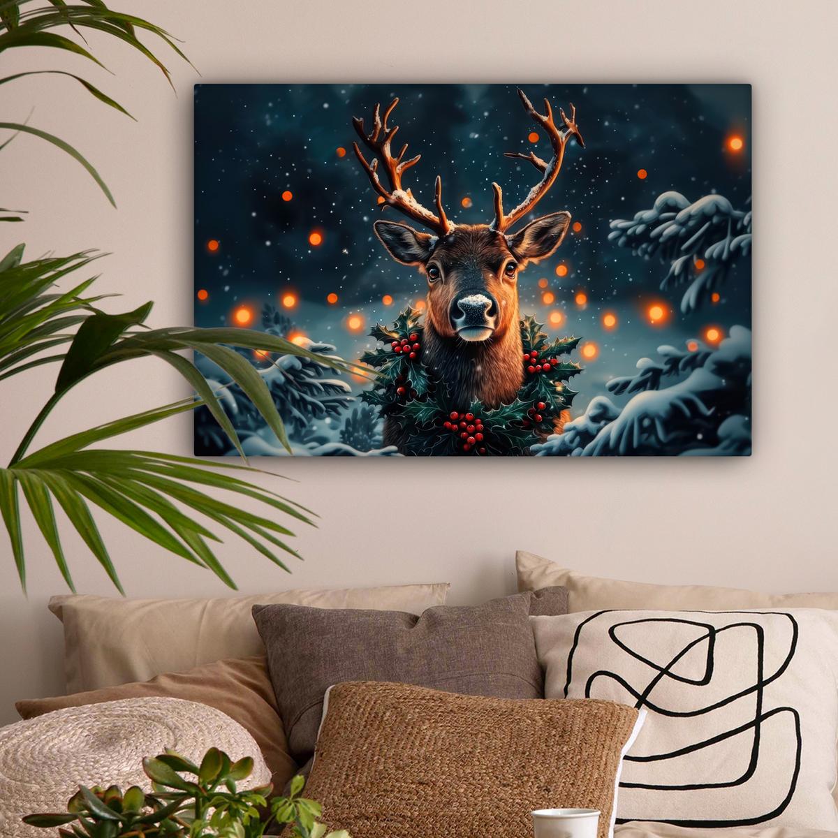 LEINWANDBILD Hirsch - Weihnachten - Winter - Schnee - Weihnachtskranz Wanddeko 90x60 cm - Dunkelbraun, Textil (90/60cm) - MuchoWow