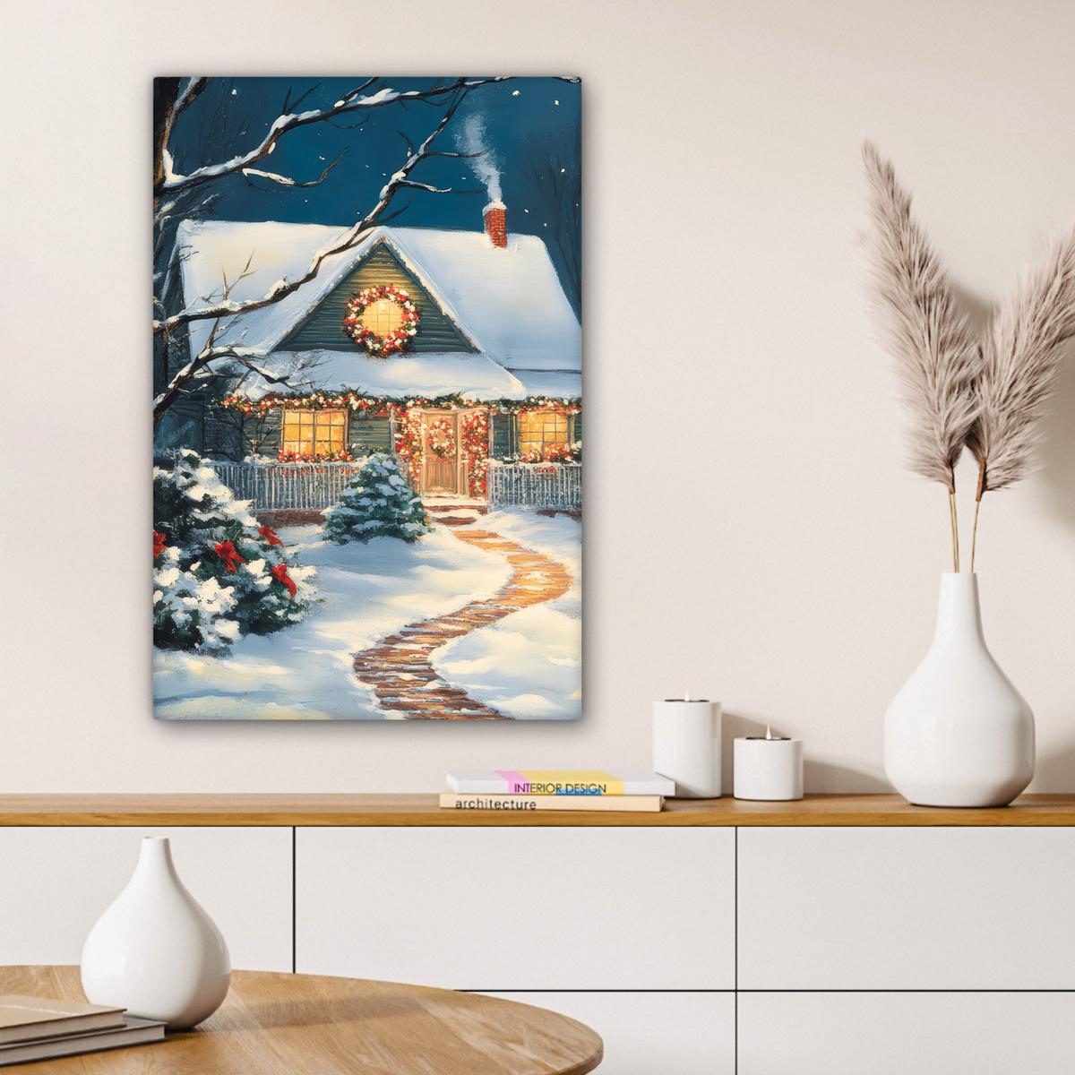 LEINWANDBILD Weihnachten - Weihnachtsbaum - Winter - Zuhause - Schnee Wanddeko 40x60 cm - Smaragdgrün, Textil (40/60cm) - MuchoWow