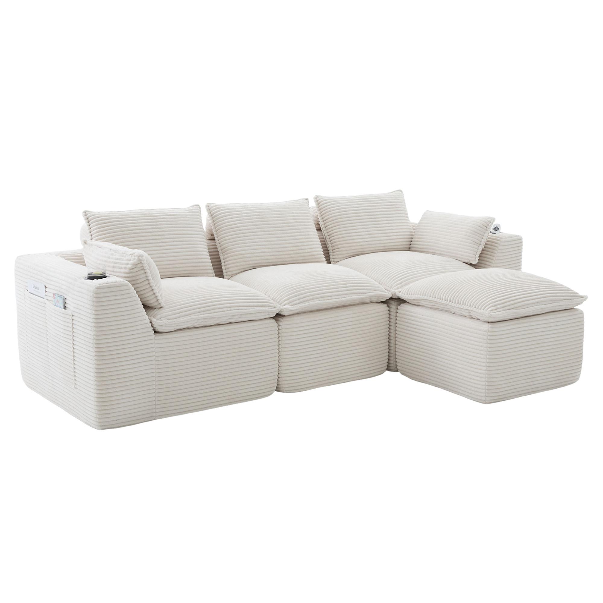 3-SITZER-SOFA aus chenille, mit fußhocker und getränkehalter - Beige, Textil (256/75/161cm) - Urban Meuble