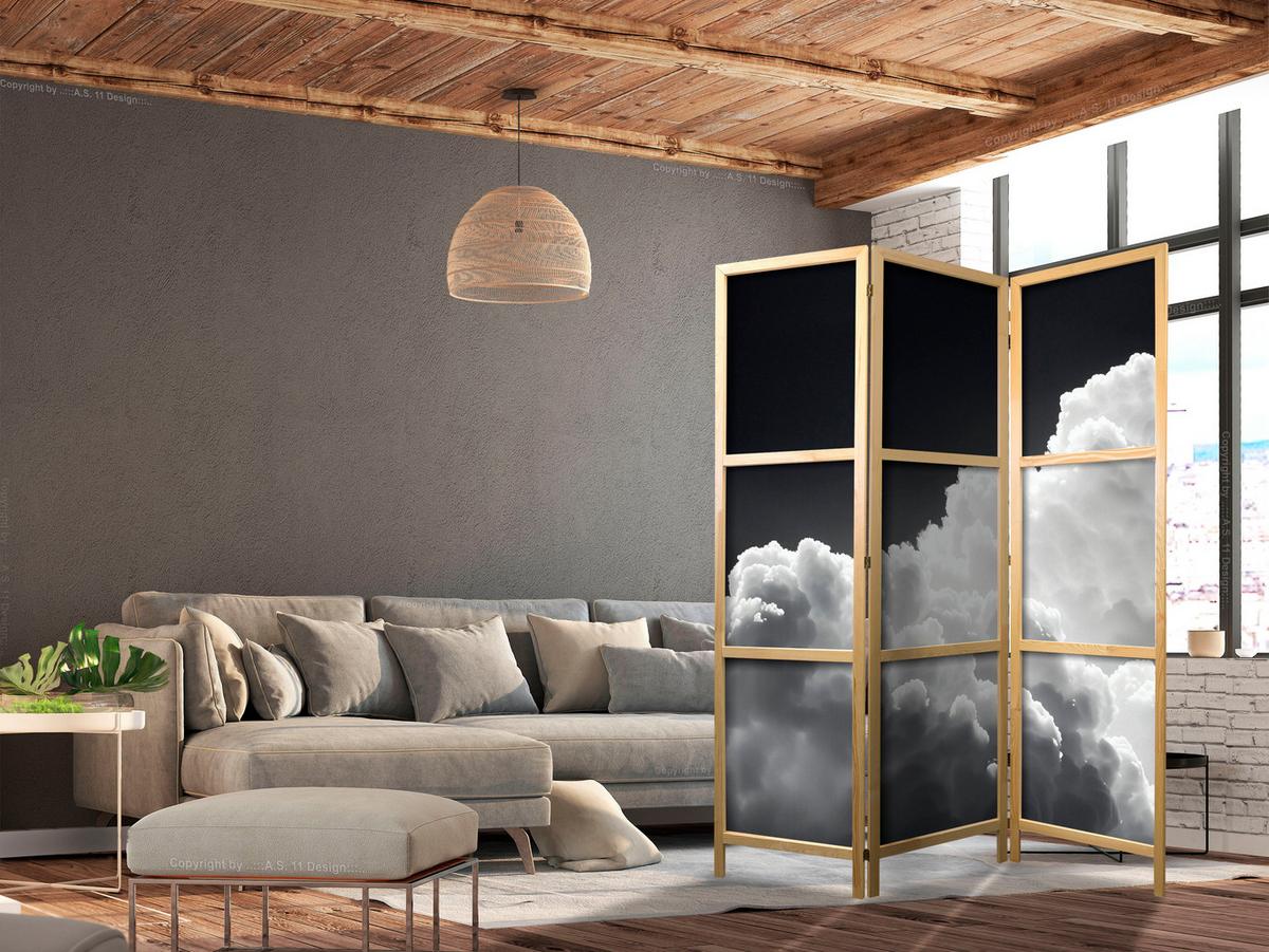 PARAVENT Japanischer 3-tlg 135x172 cm Schwarz-Wei e Wolken - Grau, Holz/Textil (135/172/3cm) - Muralo
