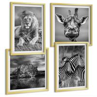 BILDER SET 4er Set - 50x50 cm & 40x60 cm Goldrahmen - Wildtiere Löwe Jaguar Giraffe Zebras - Goldfarben, Kunststoff (50/50cm) - TULUP
