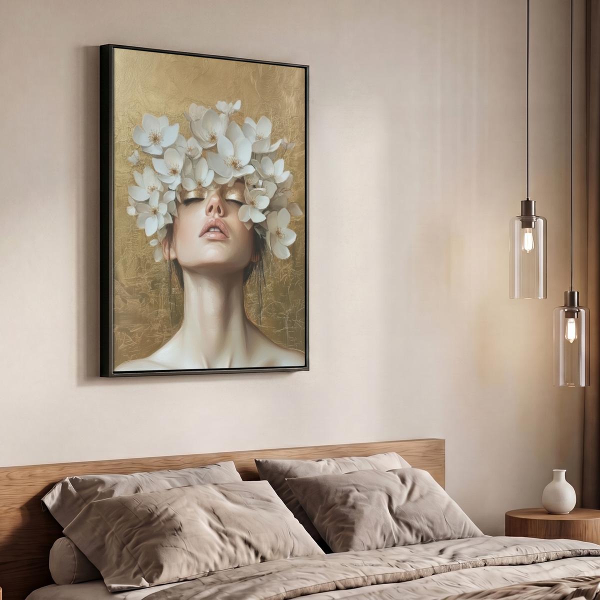 LEINWAND Bilder mit Rahmen - Gesicht - Blumen - Gold - Abstrakt - 70x100 - Goldfarben, Textil (70/100cm) - MuchoWow